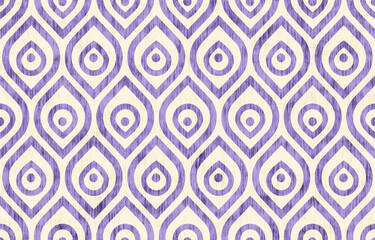 Seamless vintage pattern with stylized peacock feathers. Vintage purple ikat ogee pattern.