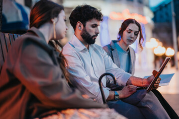 Young business people in an outdoor meeting discussing marketing strategies, brainstorming ideas, and analyzing reports for their small company's expansion.