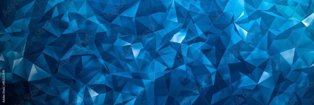 Poster abstract blue geometric background with dynamic triangular facets creating a mosaic