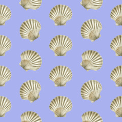 Seamless pattern of watercolor Seashells. Hand drawn illustration of sea Shell on lilac background. Ocean Cockleshell marine underwater. Colorful drawing of Scallop. For print decoration, fabric wrapp