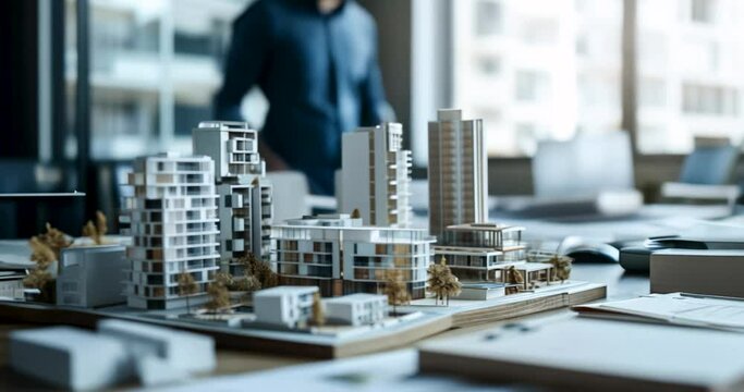 real estate development. architect working on new modern apartment buildings project in office. residential complex scale model on the table. urban architecture