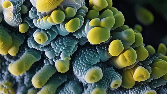 Scanning electron microscope animation of highly branched villi in the small intestine.