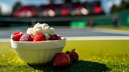 a bowl of strawberries and cream on a tennis court with a tennis stadium blurred in the background