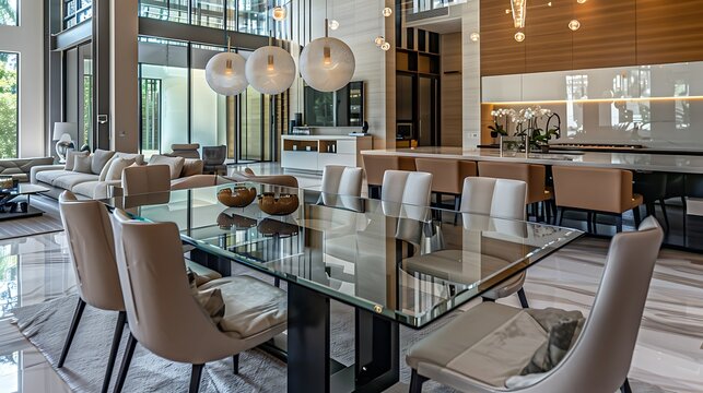 modern and luxurious dining room with a sleek glass table, designer chairs, and a statement chandelier, creating a sophisticated dining experience