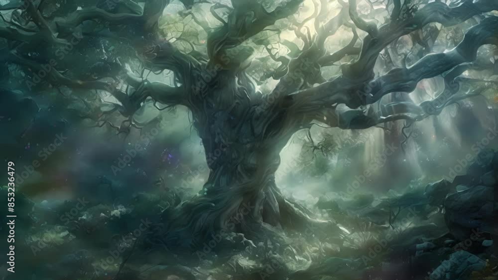 Poster the center of the garden was filled with a towering gnarled tree its branches glowing with an ethere