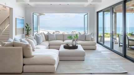 Fototapeta premium modern coastal living room with light, airy decor, a large sectional sofa, and sliding glass doors that open to an expansive ocean view