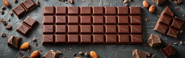 Empty Chocolate Frame on Dark Table - Milk Chocolate Blocks and Pieces - Food Photography Background