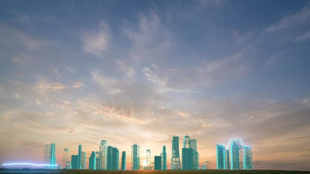 Futuristic landscape with animation of the construction of a halographic city against the backdrop of a time lapse of a beautiful sunset in a field
