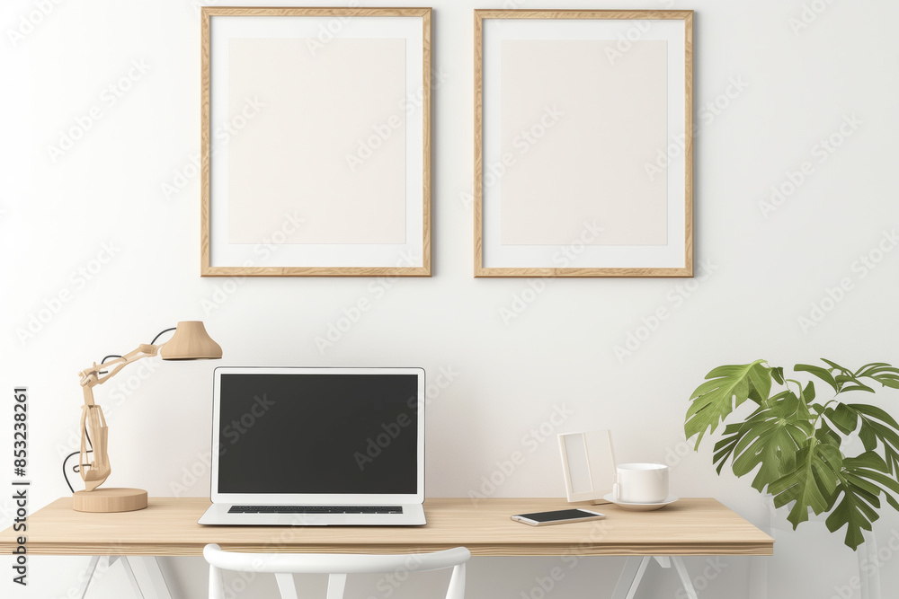Poster minimalist image of two 3x2 wooden picture frames of the same size and dimensions hanging side by side on a white wall above a minimalist desk