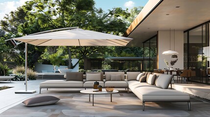 Fototapeta premium modern outdoor living space with a sleek sectional sofa, a coffee table, and a large umbrella providing shade