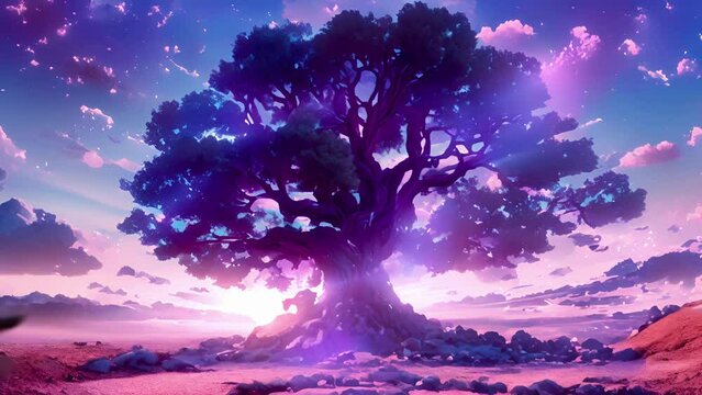A tree with glowing purple bark and multiple trunks each one representing a different dimension in the cosmos.