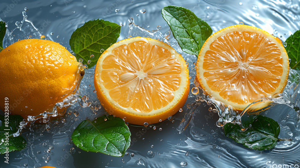 Aufkleber Three oranges are floating in water with green leaves. The water is splashing and the oranges are partially submerged