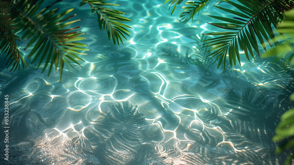 Poster a palm tree is in the water next to a pool. the water is clear and calm. the palm tree is green and 