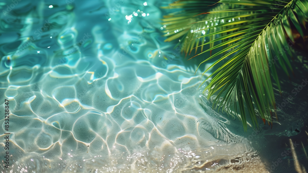 Poster a palm tree is in the water next to a pool. the water is clear and calm. the palm tree is green and 