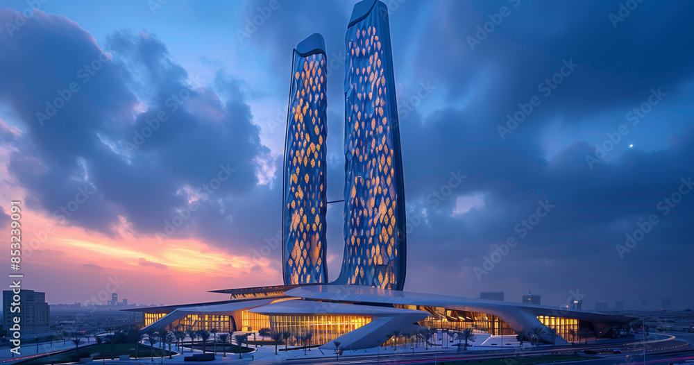 Aufkleber a city skyline at dusk with a beautiful sunset in the background. the buildings are tall and the lig