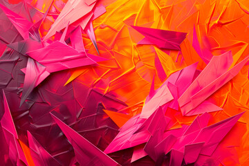 Abstract of fuchsia and bright orange hues with embossed geometric figures pointing chaos with sharp vivid presence.