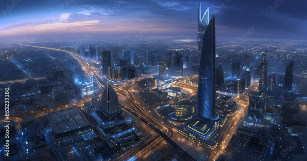 Poster a city skyline at dusk with a beautiful sunset in the background. the buildings are tall and the lig