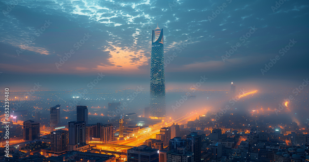 Poster a city skyline at dusk with a beautiful sunset in the background. the buildings are tall and the lig