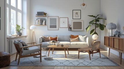 Fototapeta premium modern Scandinavian living room with clean lines, natural wood finishes, and a palette of whites and grays complemented by minimalist decor