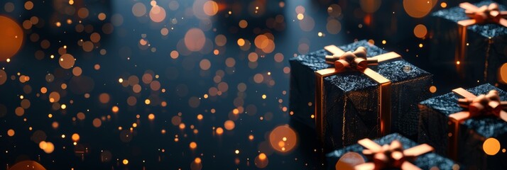Obraz premium Elegant black gift boxes with gold bows amidst glowing bokeh lights, perfect for holiday celebrations