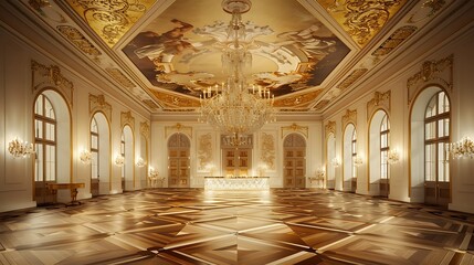 regal reception area with an intricate parquet floor design, a large gold leaf ceiling mural, and an elaborate crystal chandelier centered above