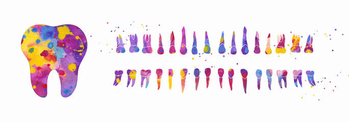 Tooth and Dental Row. Vector colorful watercolor illustration
