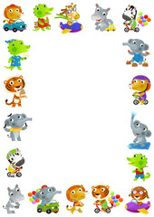 cartoon scene with frame border template with different zoo or african animals many activities with space for text isolated illustration for children