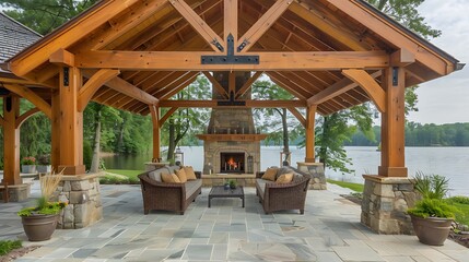 Fototapeta premium serene lakeside pavilion with open wooden beams, a stone fireplace, and cozy seating, perfect for chilly evenings by the water