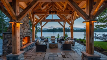 serene lakeside pavilion with open wooden beams, a stone fireplace, and cozy seating, perfect for chilly evenings by the water