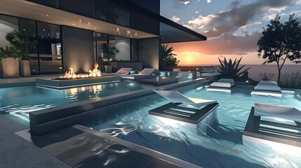 Obraz premium sleek, modern poolside lounge with geometric sun loungers, a minimalist water feature, and a built-in fire pit for evening gatherings