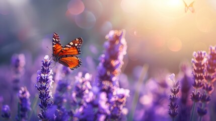 Fluttering Butterfly amidst Blooming Purple Lavender in Nature