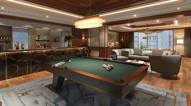 sophisticated game room with a sleek pool table, a modern bar area, and comfortable seating for friends and family to enjoy