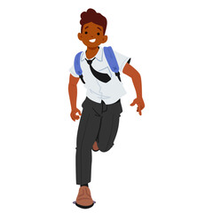 Energetic School Boy In Uniform Running With A Backpack On His Back. Character Looks Happy And Excited, Vector Concept