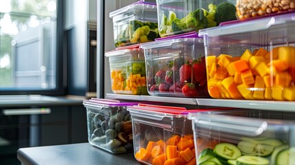 Fruits and vegetables in plastic packaging for storage in the refrigerator.