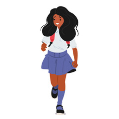 Cheerful Girl With Backpack Running To School. Character Is Dressed In A Uniform With A Skirt, Smiling As She Moves