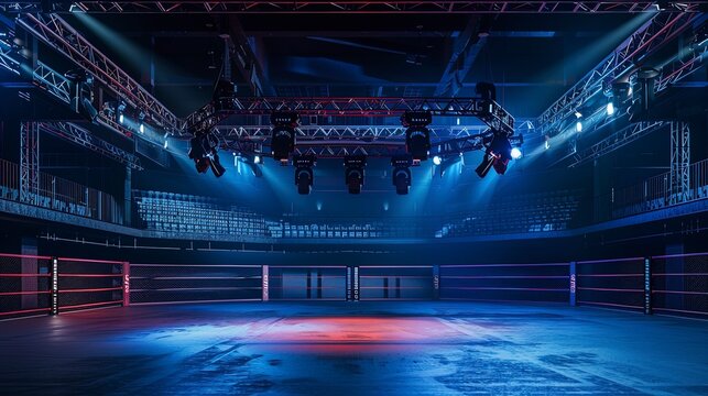 Empty MMA arena with full stands under floodlights, neon.