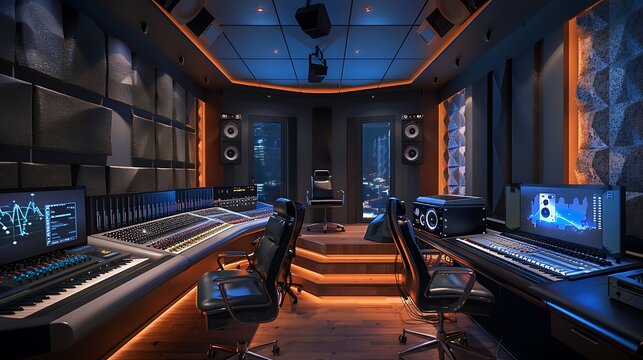state-of-the-art recording studio with the latest technology, soundproof walls, and a comfortable control room featuring ergonomic seating and mood lighting
