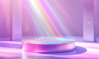 Empty stage, cylinder podium on soft lilac background with rainbow crystal 