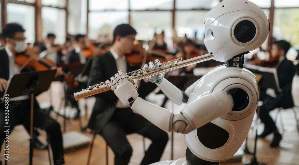 Poster Futuristic android playing the flute in an orchestra, highlighting advanced robotics and artificial intelligence in a musical performance setting., Generative AI