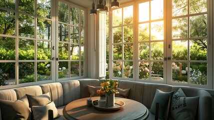 Fototapeta premium stylish breakfast nook with a cozy banquette, a round table, and large windows offering a picturesque view of the garden