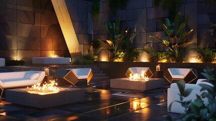 stylish outdoor lounge with modern fire pits, geometric furniture, and dramatic lighting to enhance the ambiance during evening gatherings
