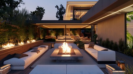Fototapeta premium stylish outdoor lounge with modern furniture, a fire pit, and ambient lighting creating a perfect space for evening gatherings