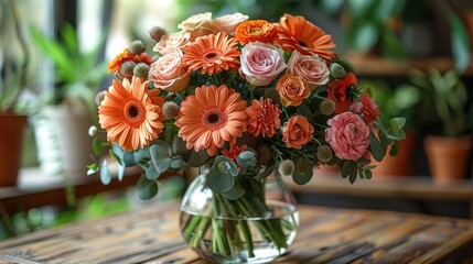 Beautiful flower vase indoors on wooden table with colorful flowers