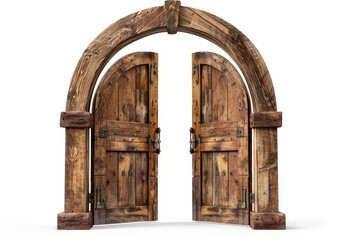 Wooden arched door frame with a white background 