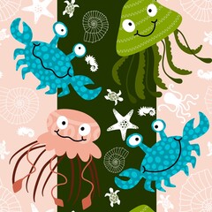 Obraz premium Summer animals print seamless cartoon crabs and jellyfish pattern for wrapping