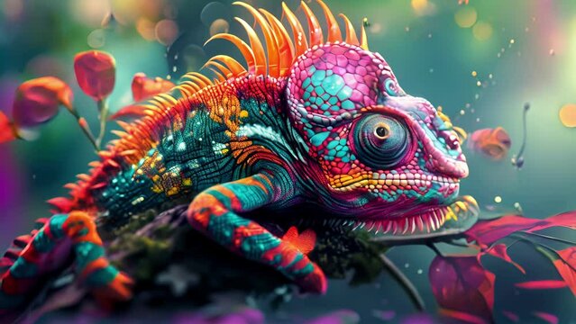 A colorful chameleon with feathers instead of scales symbolizing adaptability and transformation.