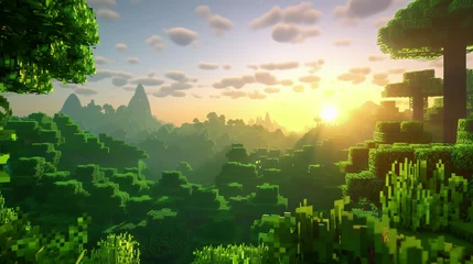 Fototapete sunrise in a location in a game in 3D pixel art style © Gnublin
