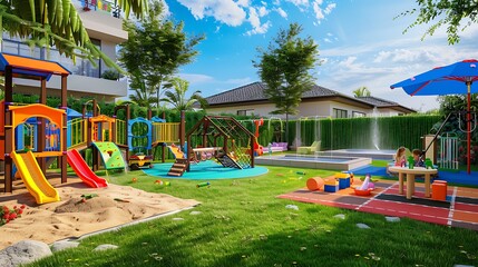 vibrant play area on a backyard lawn, equipped with a colorful jungle gym, a sandbox, and a splash pad for children to enjoy outdoor fun in a safe environment