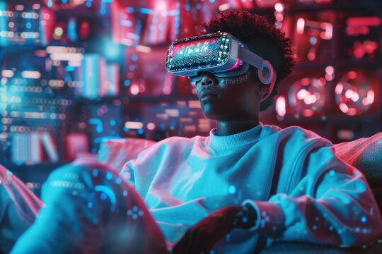 Teenager learning in virtual reality headset in home room. New technological tools for young people development. Generation Alpha futuristic education.