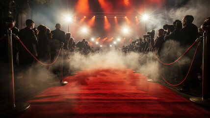 Red carpet is illuminated by spotlights and fenced with ropes. Photographers stand on either side. Generated AI